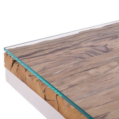 Natural Sal Wood and Clear Glass Top Side Table with White Crossed Legs | Kerala