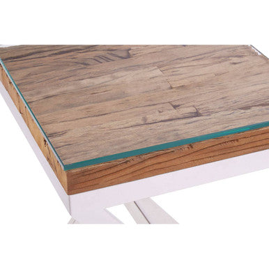 Natural Sal Wood and Clear Glass Top Side Table with White Crossed Legs | Kerala