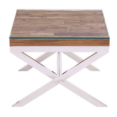 Square Natural Wood and Clear Glass Top End Table with Silver Cross Base | Kerala