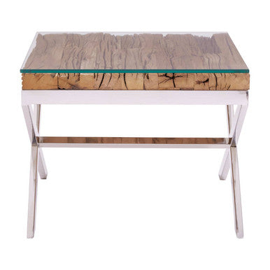 Square Natural Wood and Clear Glass Top End Table with Silver Cross Base | Kerala
