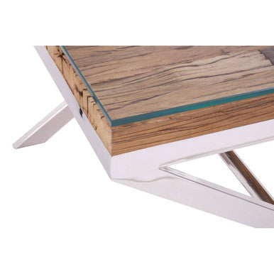Square Natural Wood and Clear Glass Top End Table with Silver Cross Base | Kerala