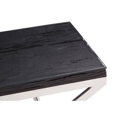 Square Black Wood and Clear Glass Top End Table with Silver Cross Base | Kerala