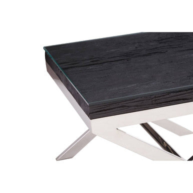 Square Black Wood and Clear Glass Top End Table with Silver Cross Base | Kerala