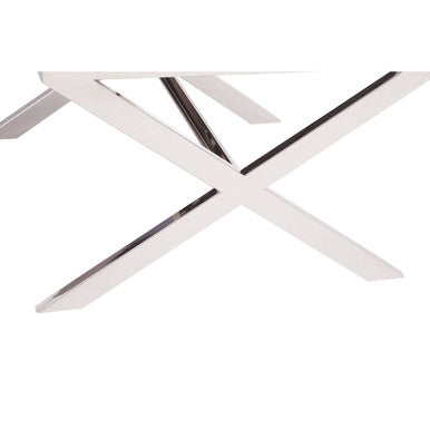 Square Black Wood and Clear Glass Top End Table with Silver Cross Base | Kerala