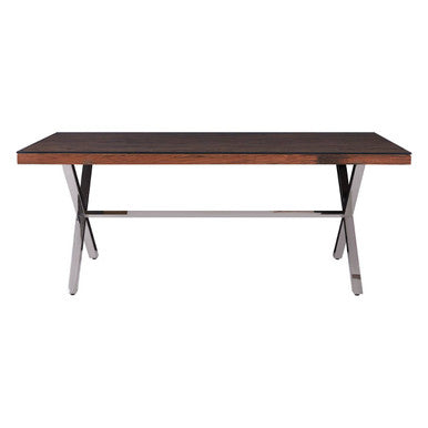 Square Natural Wood and Clear Glass Top Dining Table with Grey Cross Base, Kerala
