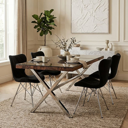 Square Natural Wood and Clear Glass Top Dining Table with Grey Cross Base, Kerala
