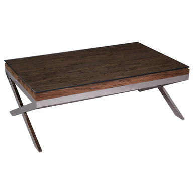 Square Natural Wood and Clear Glass Top Coffee Table with Silver Cross Base | Kerala