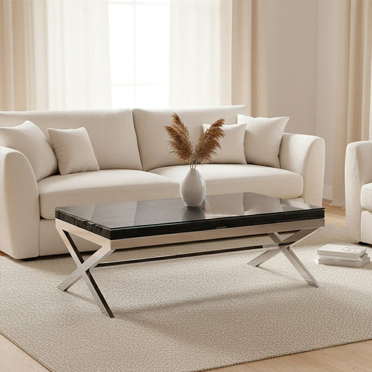 Square Black Wood and Clear Glass Top Coffee Table with Silver Cross Base, Kerala