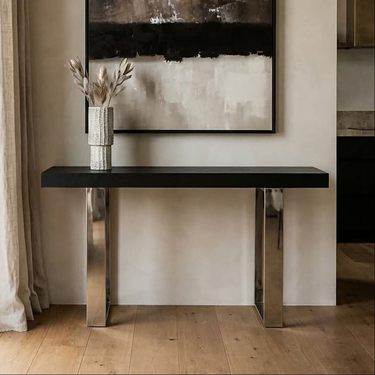 Natural Elm Wood Console Table with Silver Finish Frame, Ulmus