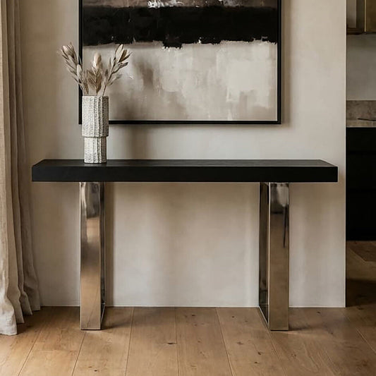 Black Wood and Clear Glass Top Console Table with Silver Crossed Legs, Kerala