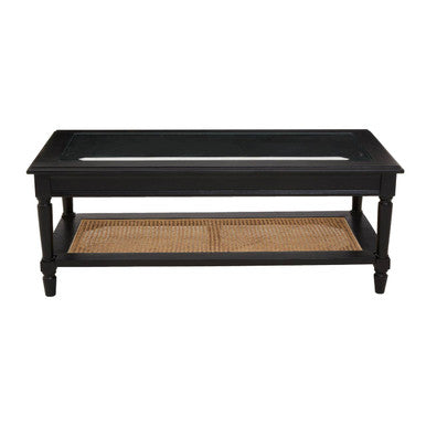 Black Finish Clear Glass Top Coffee Table with Natural Rattan Woven Shelf, Corso