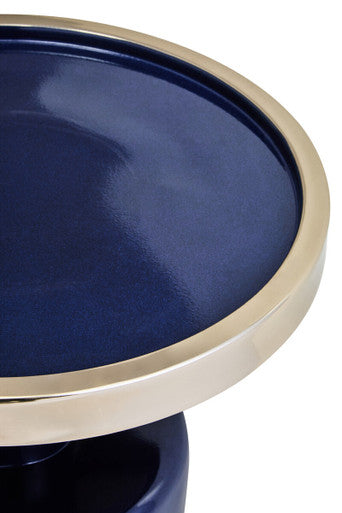 Gold and Navy Art Deco Pillar Metal Side Table with Base | Elva