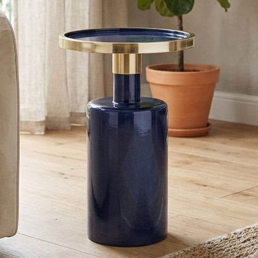 Gold and Navy Art Deco Pillar Metal Side Table with Base, Elva