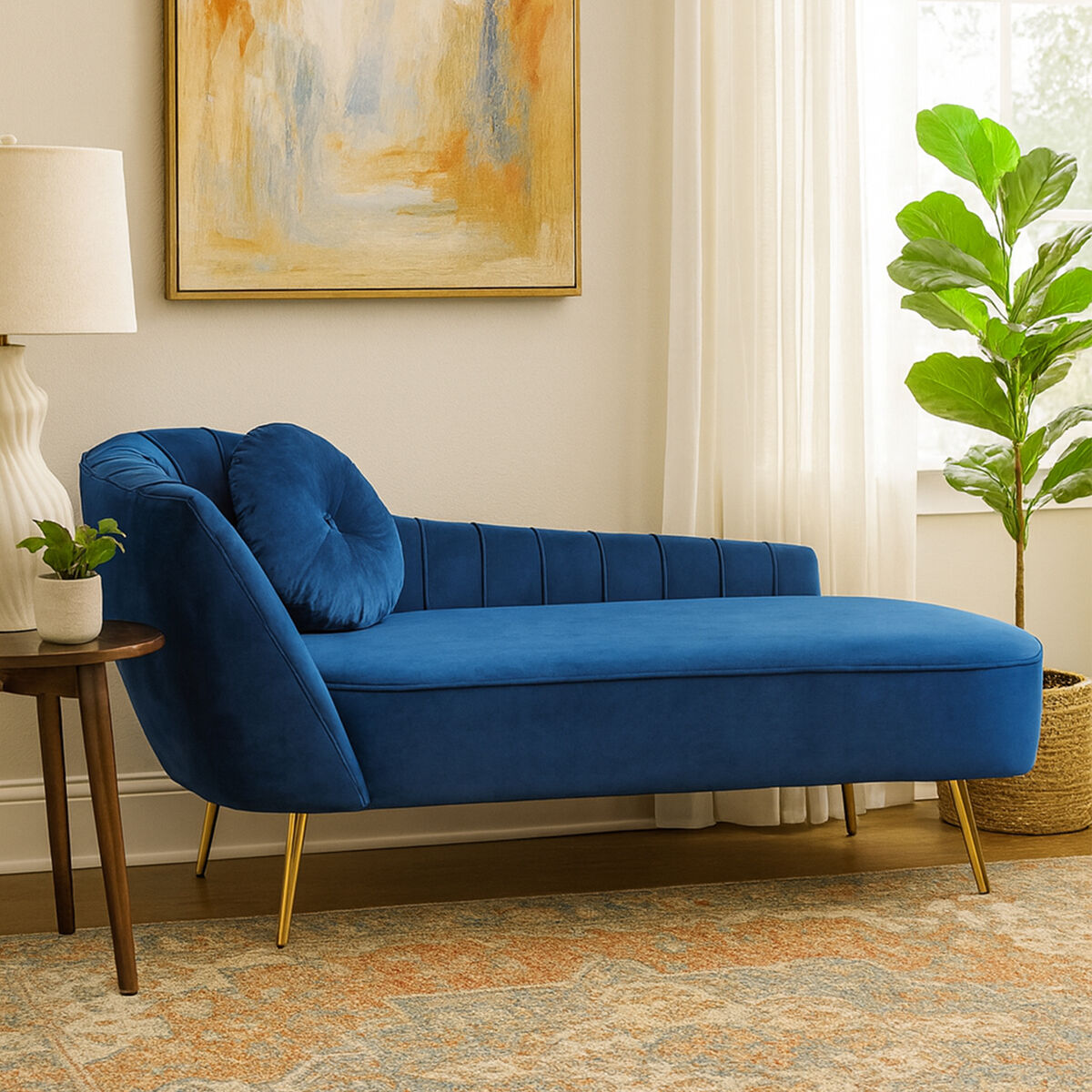 Felizia Midnight Blue Velvet Left Arm Chaise Longue