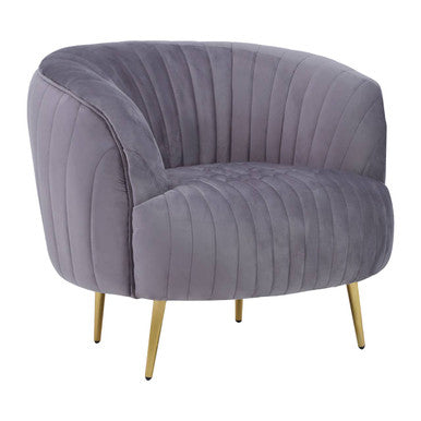 Florina Grey Velvet Barrel Chair with Gold Finish Metal Legs