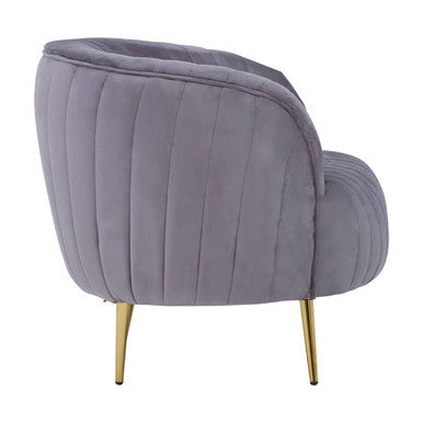 Florina Grey Velvet Barrel Chair with Gold Finish Metal Legs