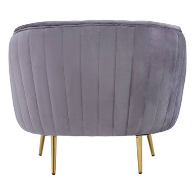 Florina Grey Velvet Barrel Chair with Gold Finish Metal Legs