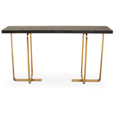 Black and Grey Rectangular Console Table with Brushed Gold Angular Base, Lena