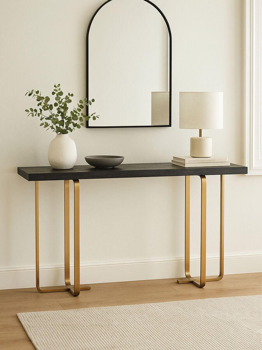 Black and Grey Rectangular Console Table with Brushed Gold Angular Base, Lena