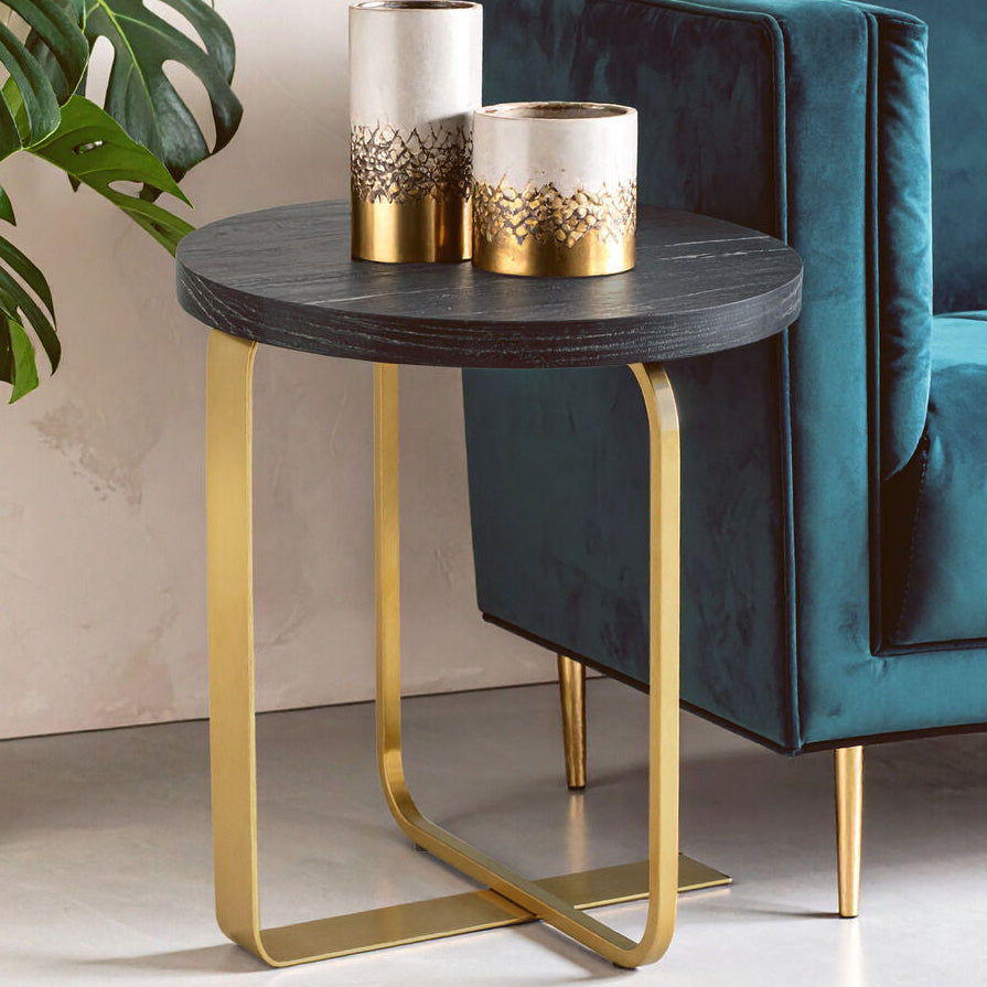 Lena Oak Veneer Round Side Table with Brushed Gold Base