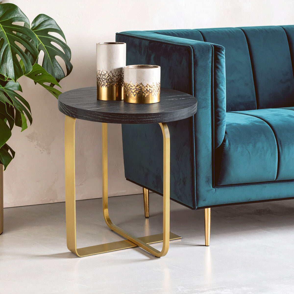 Lena Oak Veneer Round Side Table with Brushed Gold Base