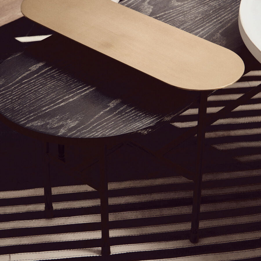 Gold Oak Veneer and Black Marble Top Coffee Table with Iron Legs, Serrano