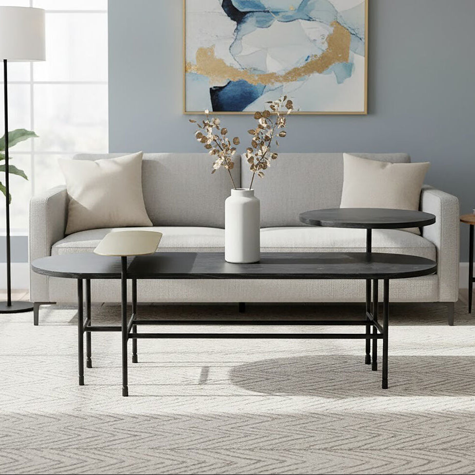 Gold Oak Veneer and Black Marble Top Coffee Table with Iron Legs, Serrano