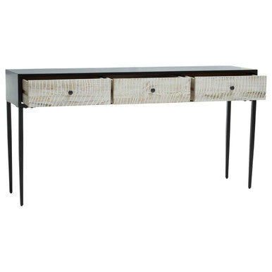 Black and Grey Textured Pine Wood Console Table with 3 White Storage Drawers | Luxor