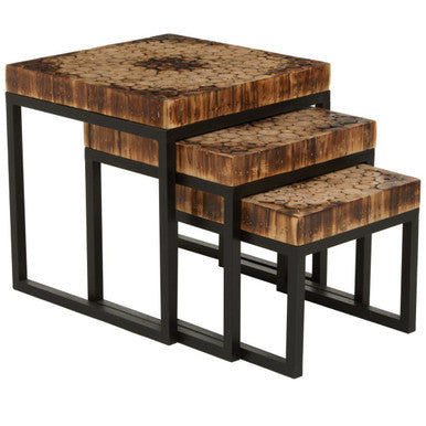Set of 3 Rustic Teakwood Top Nesting Tables with Black Metallic Bases | Malang