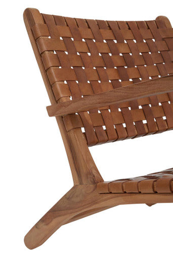 Inca Brown Leather Lattice Design Armchair with Teak Wood Frame