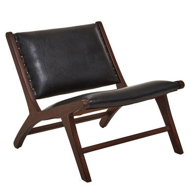 Inca Black Leather Armless Lounge Chair with Teak Wood Frame
