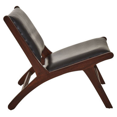 Inca Black Leather Armless Lounge Chair with Teak Wood Frame