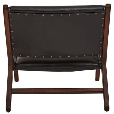 Inca Black Leather Armless Lounge Chair with Teak Wood Frame