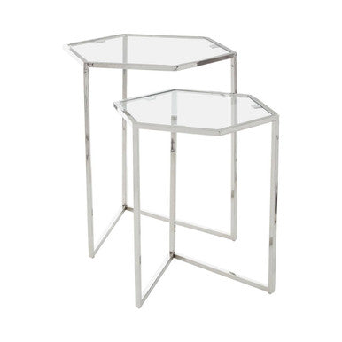 Silver Geometric Steel Side Table with Mirrored Glass Top | Herber