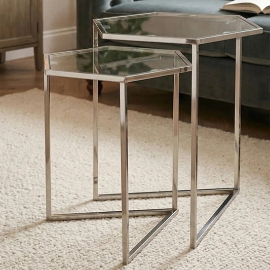 Silver Geometric Steel Side Table with Mirrored Glass Top, Herber