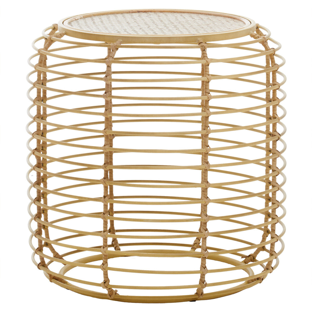Natural Round Hand Woven Rattan Top Side Table with Gold Finish Cage Base, Trento