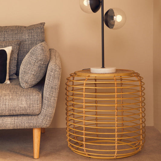Natural Round Hand Woven Rattan Top Side Table with Gold Finish Cage Base, Trento