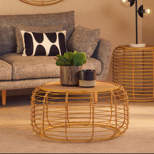 Natural Round Hand Woven Rattan Top Coffee Table with Gold Finish Cage Base | Trento