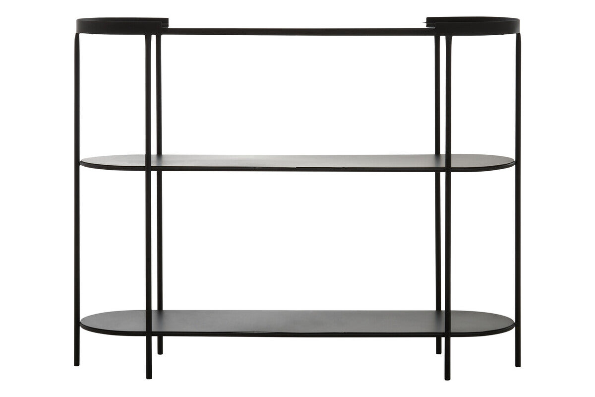Grey Glass Top Console Table with Two-Tier Shelves and Black Metal Frame, Trento