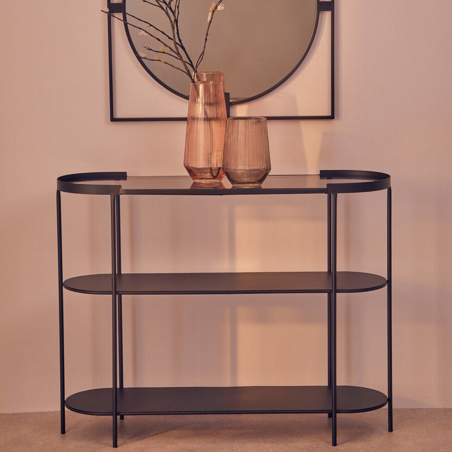 Grey Glass Top Console Table with Two-Tier Shelves and Black Metal Frame, Trento