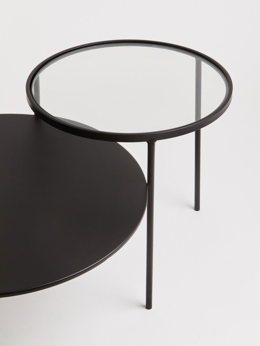 Clear Glass Top and Black Metal Lower Top Coffee Table with Black Iron Frame | Trento