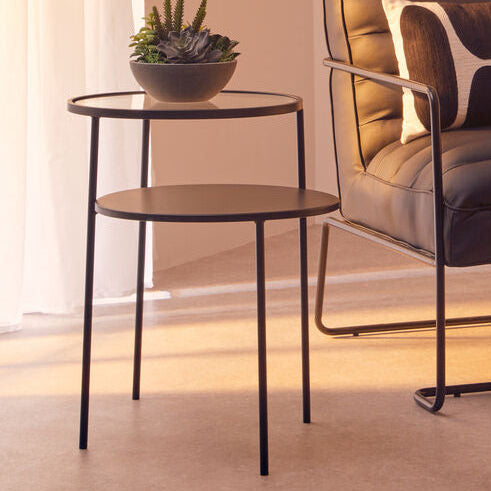 Clear Glass Top and Black Metal Lower Top End Table with Black Iron Frame, Trento
