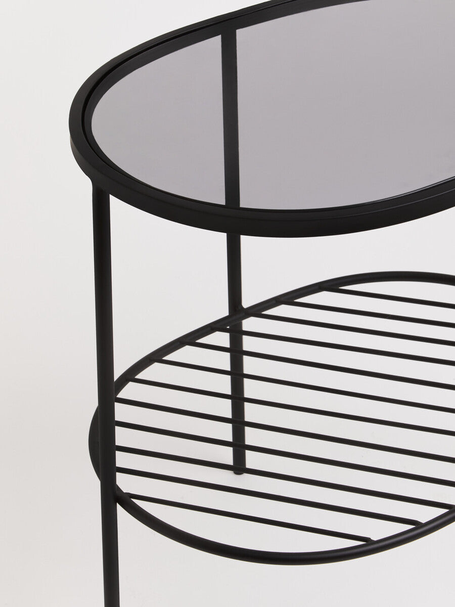 Grey Tempered Glass Side Table with Lower Metal Tier and Black Iron Frame | Trento