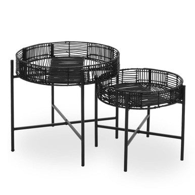 Set of 2 Black Rattan Top Side Tables with Cross Metal Frame, Batu