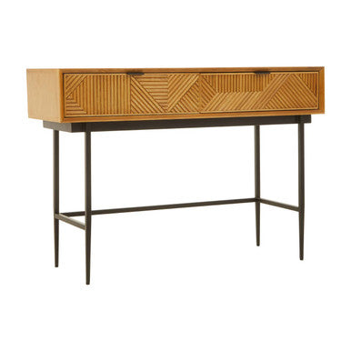 Natural Carved Wooden Effect Console Table with 2 Storage Drawer | Jakara