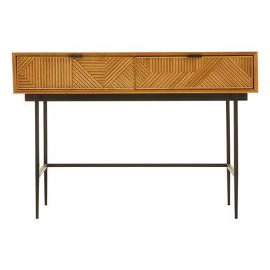 Natural Carved Wooden Effect Console Table with 2 Storage Drawer | Jakara
