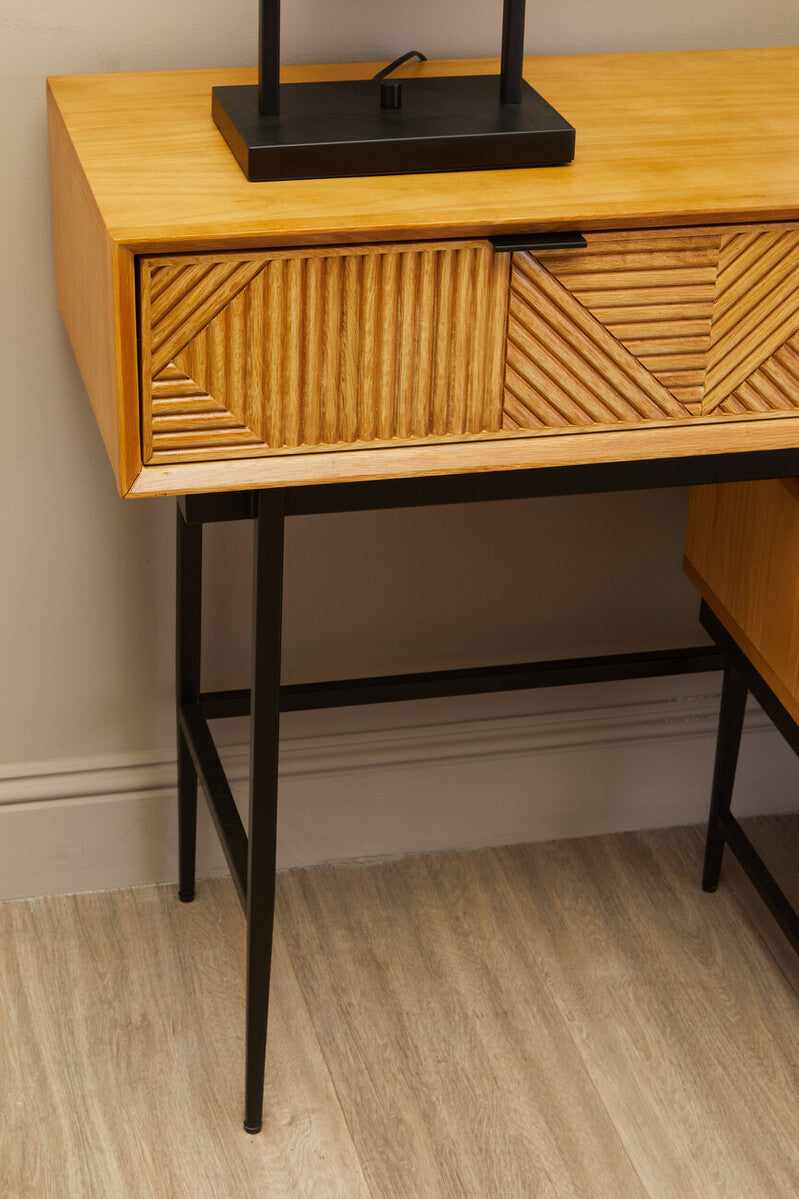 Natural Carved Wooden Effect Console Table with 2 Storage Drawer | Jakara