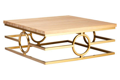 Natural Oak Wood Rectangular Coffee Table with Gold Finish | Jarloi