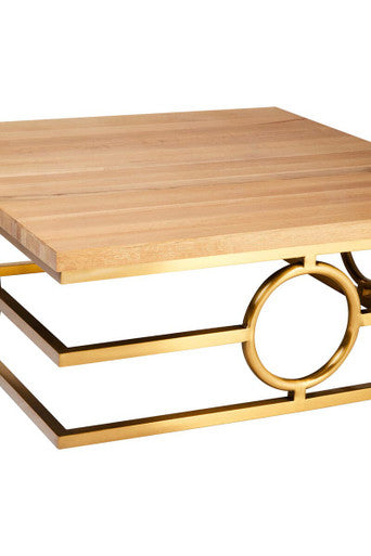 Natural Oak Wood Rectangular Coffee Table with Gold Finish | Jarloi