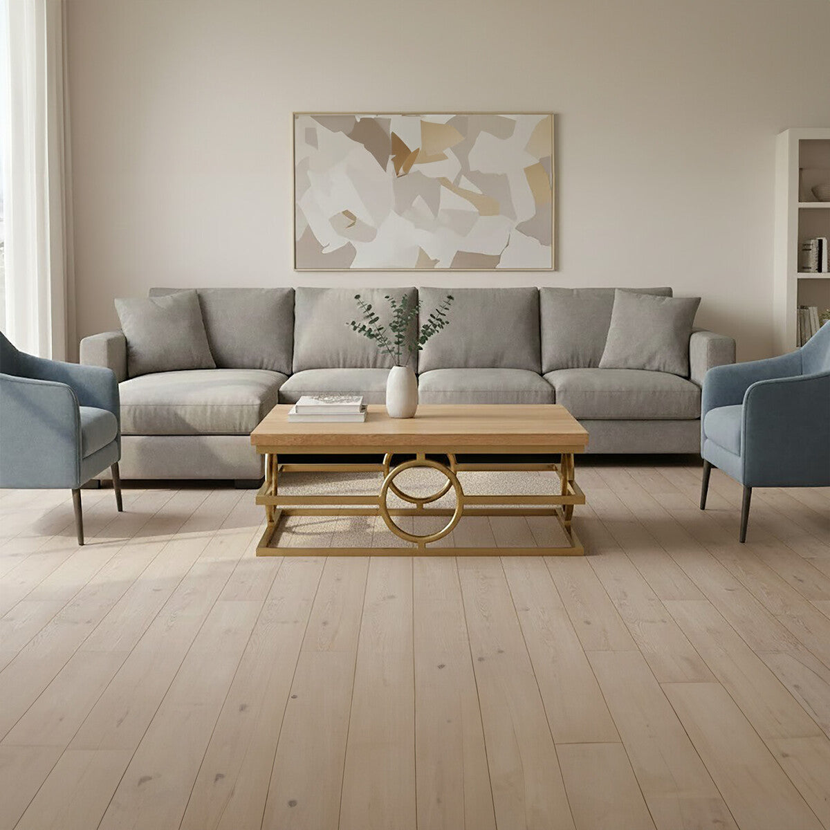 Natural Oak Wood Rectangular Coffee Table with Gold Finish | Jarloi